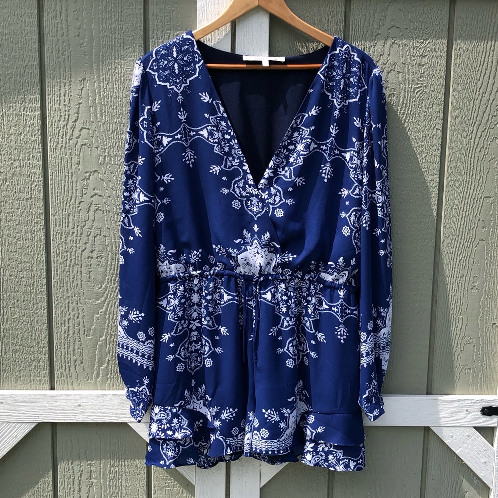 Blue and White long sleeve romper from Mint